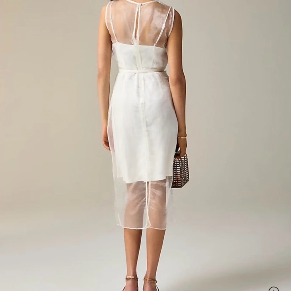 J. Crew Sheer-Overlay White Midi Dress